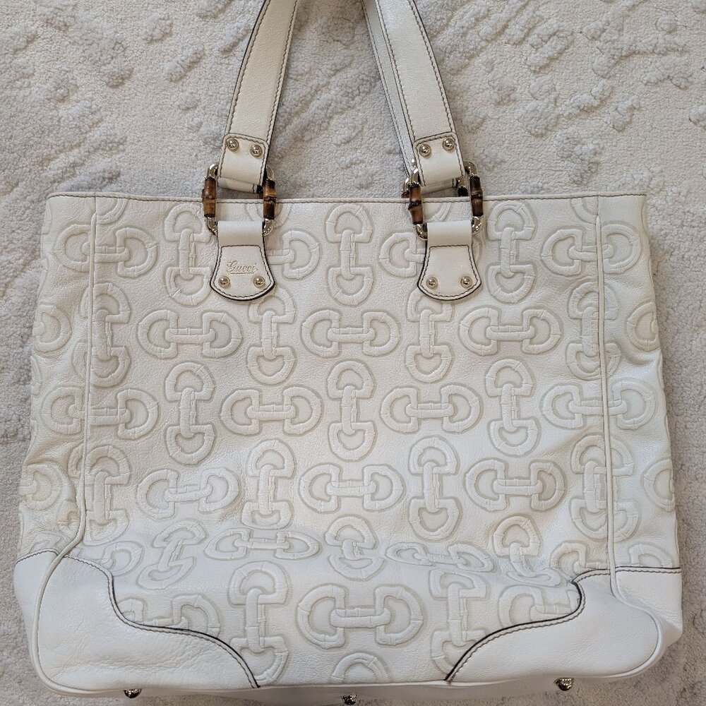 Gucci Authentic White Horsebit Soft Leather Embossed vintage tote